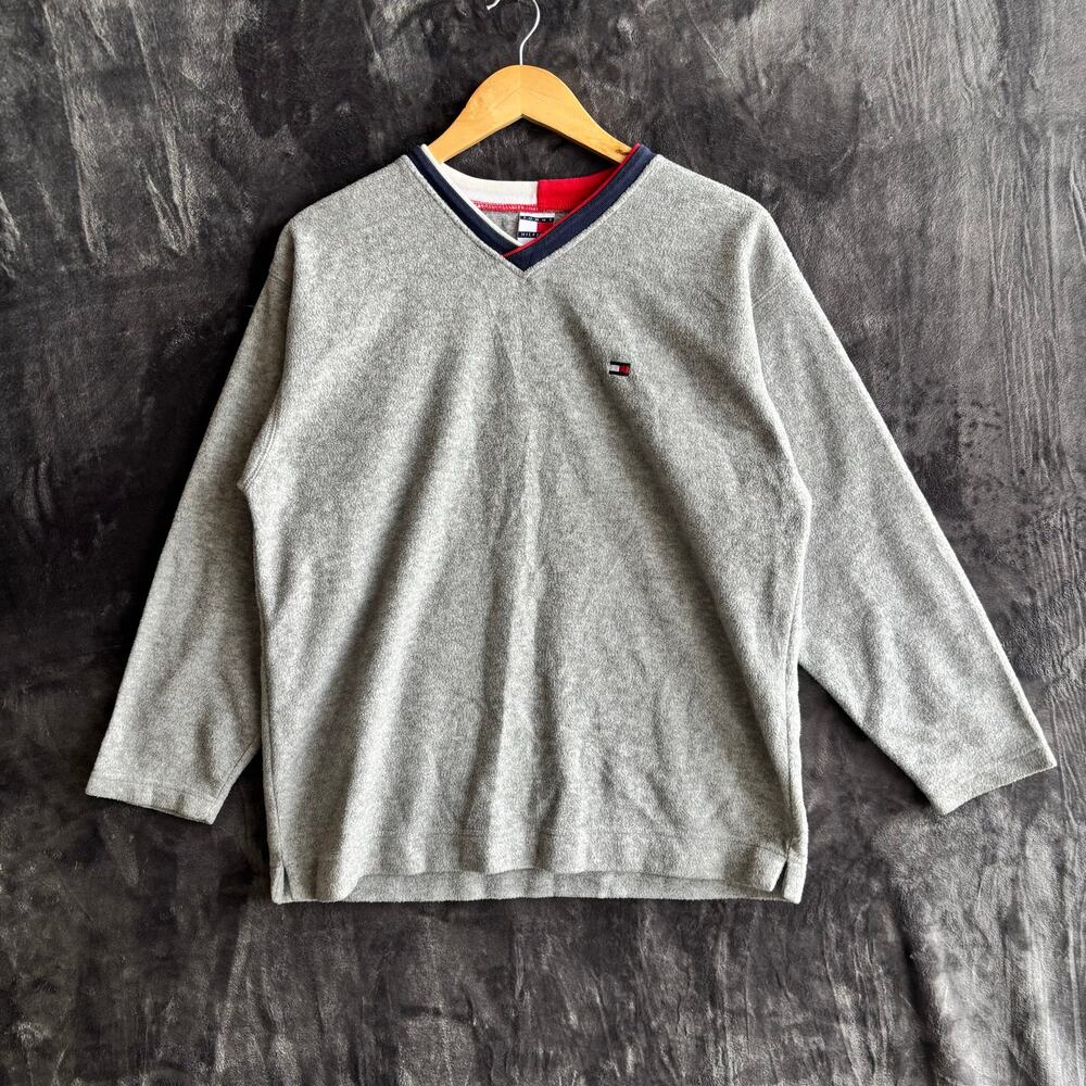 TOMMY HILFIGER FLEECE PULLOVER JACKET GRAY V-NECK SIZE LARGE SPELLOUT